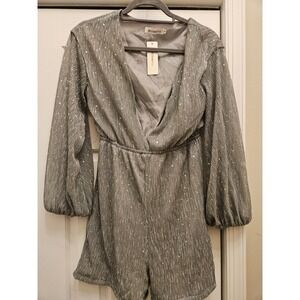 OrderPlus Silver Sequin Pleated Romper Deep V-Neck Lantern Sleeve Party Outfit S